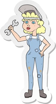 sticker of a cartoon woman with spanner vector