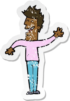 retro distressed sticker of a cartoon happy man waving vector