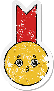 distressed sticker of a cute cartoon gold medal vector