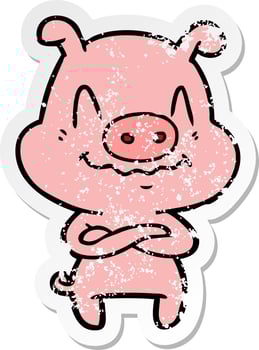 distressed sticker of a nervous cartoon pig vector