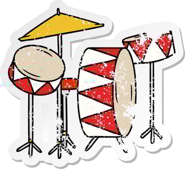 distressed sticker cartoon doodle of a drum kit vector