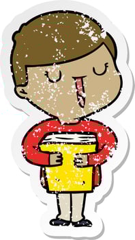 distressed sticker of a cartoon happy boy talking about his book vector