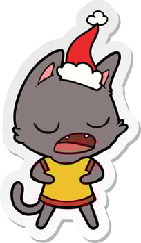 talking cat sticker cartoon of a wearing santa hat vector