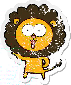 distressed sticker of a happy cartoon lion vector