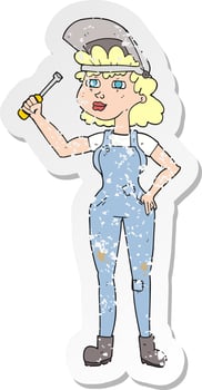 retro distressed sticker of a cartoon female mechanic vector
