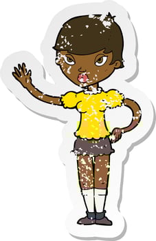 retro distressed sticker of a cartoon woman waving vector