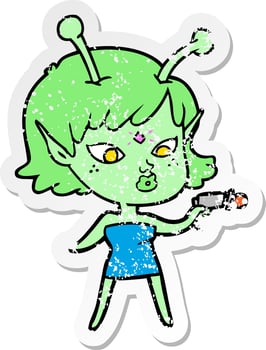distressed sticker of a pretty cartoon alien girl vector