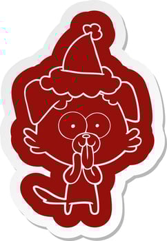 cartoon  sticker of a dog with tongue sticking out wearing santa hat vector