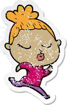 distressed sticker of a cartoon calm woman vector