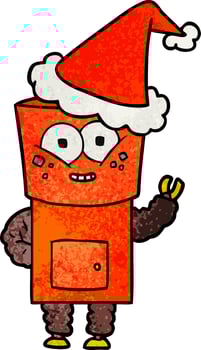 happy textured cartoon of a robot waving hello wearing santa hat vector