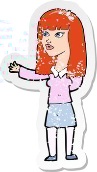 retro distressed sticker of a cartoon woman gesturing to show something vector