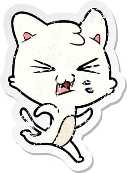 distressed sticker of a cartoon hissing cat vector