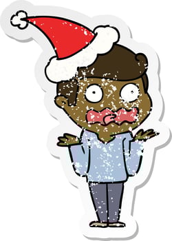 distressed sticker cartoon of a man totally stressed out wearing santa hat vector