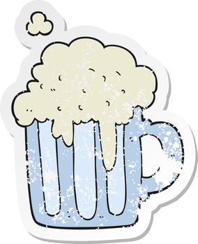 retro distressed sticker of a cartoon foamy beer vector