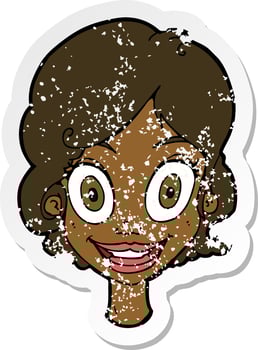 retro distressed sticker of a cartoon happy woman vector