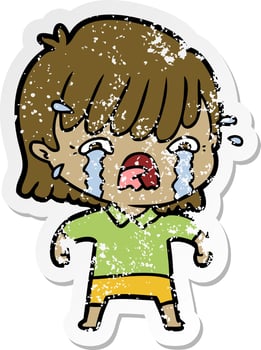 distressed sticker of a cartoon girl crying vector