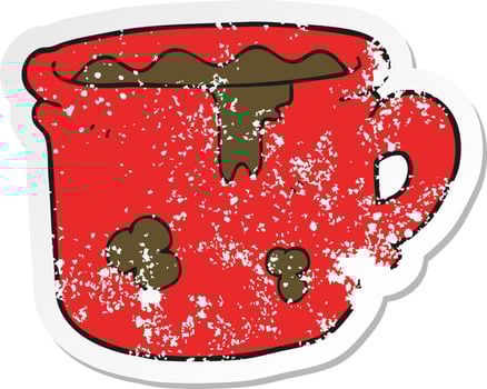 retro distressed sticker of a cartoon old coffee cup vector