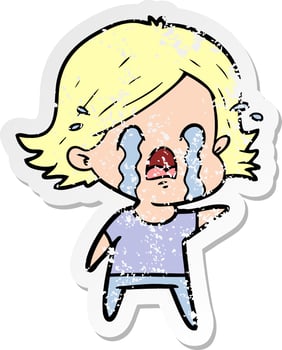 distressed sticker of a cartoon woman crying vector