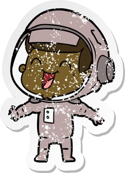 distressed sticker of a happy cartoon astronaut vector