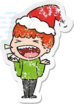 distressed sticker cartoon of a laughing man wearing santa hat vector
