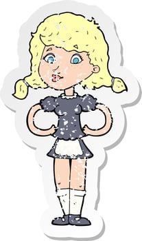 retro distressed sticker of a cartoon happy waitress woman vector