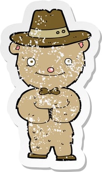 retro distressed sticker of a cartoon bear in hat vector