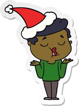 sticker cartoon of a man talking and shrugging shoulders wearing santa hat vector