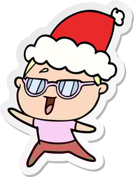sticker cartoon of a happy woman wearing spectacles wearing santa hat vector