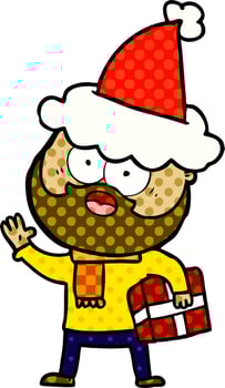 comic book style illustration of a bearded man with present wearing santa hat vector
