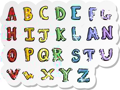retro distressed sticker of a cartoon alphabet vector