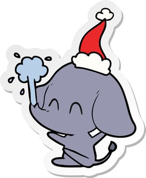 cute sticker cartoon of a elephant spouting water wearing santa hat vector