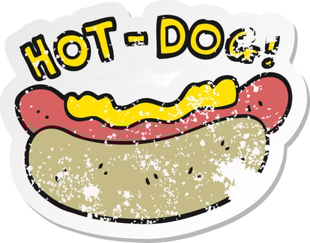retro distressed sticker of a cartoon hotdog vector
