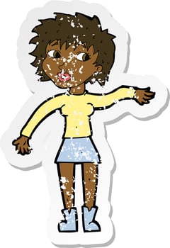 retro distressed sticker of a cartoon friendly woman waving vector