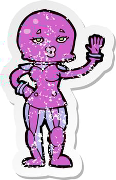 retro distressed sticker of a cartoon female astronaut vector