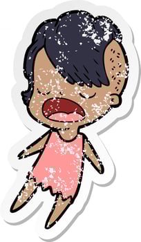 distressed sticker of a cartoon cool hipster girl talking vector