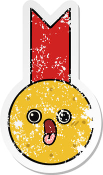 distressed sticker of a cute cartoon gold medal vector