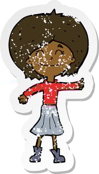 retro distressed sticker of a cartoon happy girl giving thumbs up symbol vector