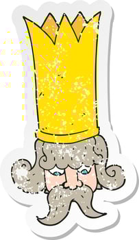 retro distressed sticker of a cartoon king with huge crown vector
