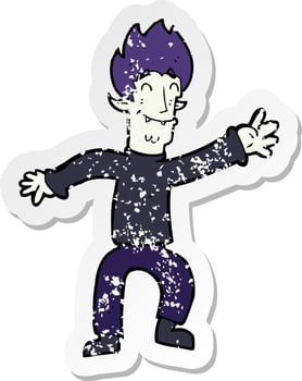 retro distressed sticker of a cartoon happy vampire man vector