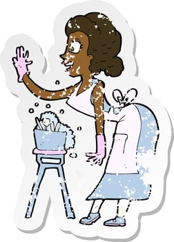 retro distressed sticker of a cartoon housewife washing up vector