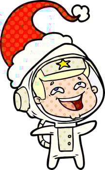comic book style illustration of a laughing astronaut wearing santa hat vector
