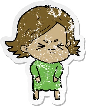 distressed sticker of a cartoon angry girl vector