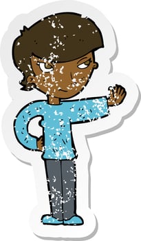 retro distressed sticker of a cartoon woman waving vector