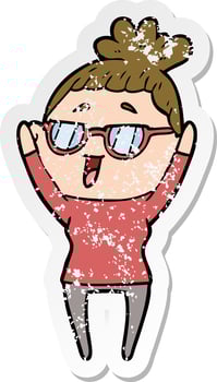 distressed sticker of a cartoon happy woman wearing spectacles vector