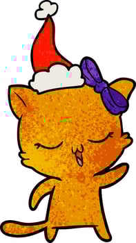 textured cartoon of a cat with bow on head wearing santa hat vector