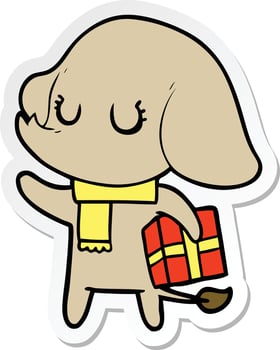 sticker of a cute cartoon elephant with gift vector