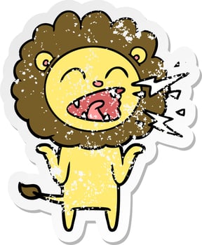 distressed sticker of a cartoon roaring lion vector