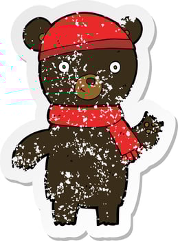 retro distressed sticker of a cartoon waving black bear vector