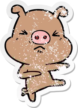 distressed sticker of a cartoon angry pig kicking out vector