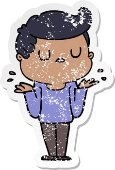 distressed sticker of a cartoon aloof man shrugging shoulders vector